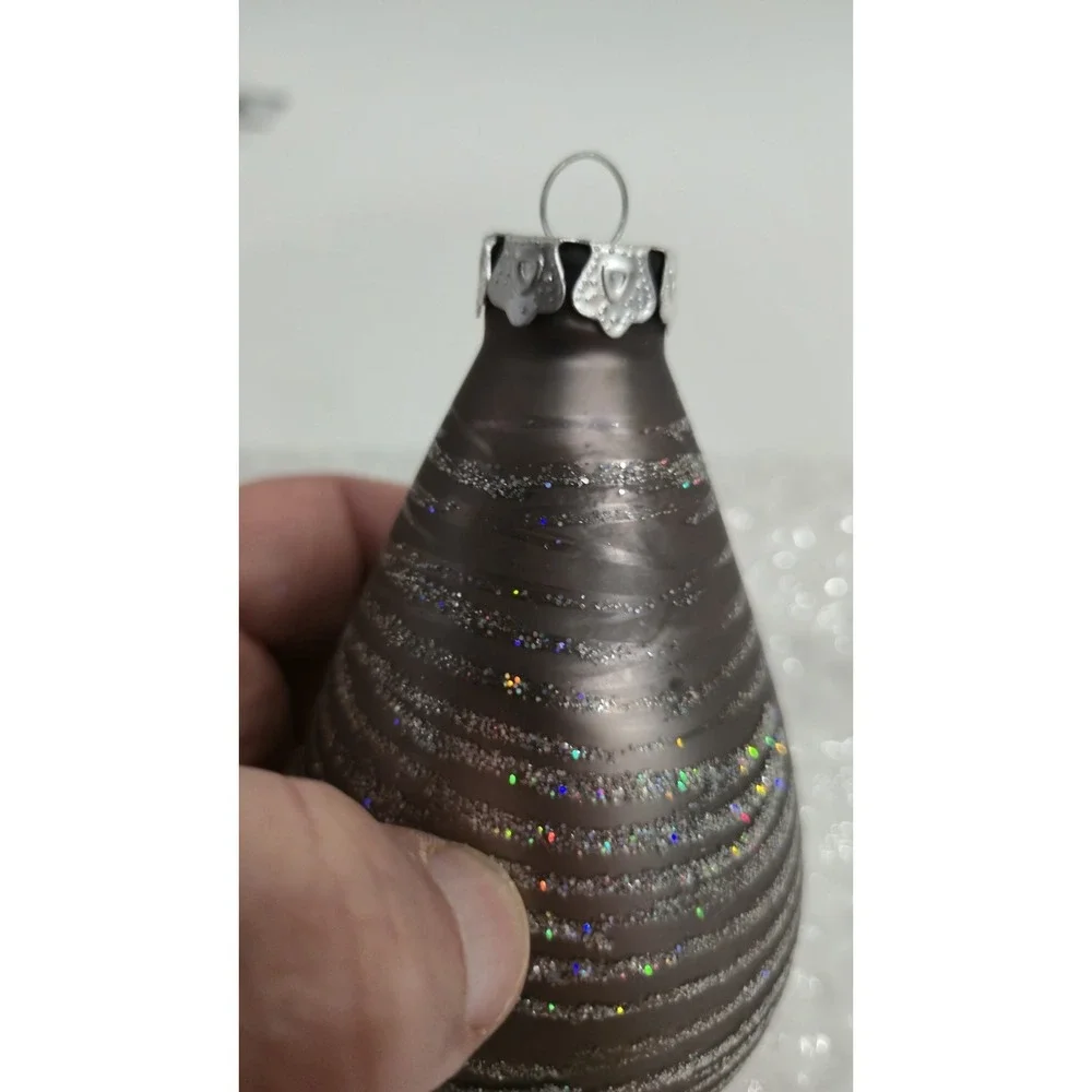 Large Vintage Silver Glitter Teardrop Christmas Ornament Striped Onion Shape